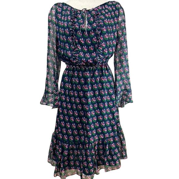 DIANE Von‎ FURSTENBERG Silk Navy Floral Dress Womens (10) Midi Elastic Waist DVF - Picture 1 of 8